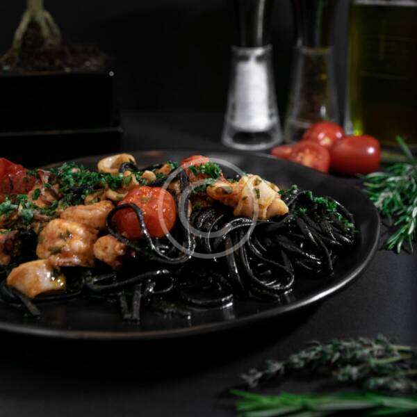 Squid ink pasta with seafood